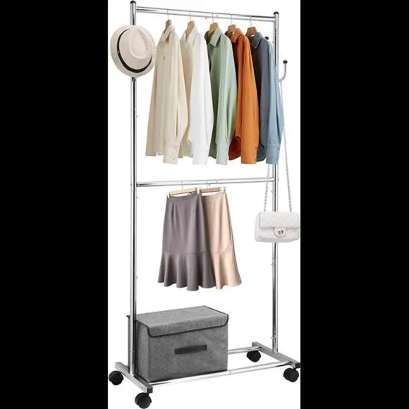 Simple Trending Double Rod Clothes Garment Rack, 4 Hooks